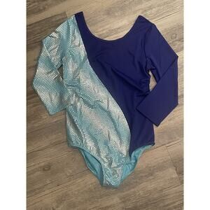 Rainbeau Girls' Moves Blocked Asymmetrical 3/4 Sleeve Leotard Blue Teal Mermaid